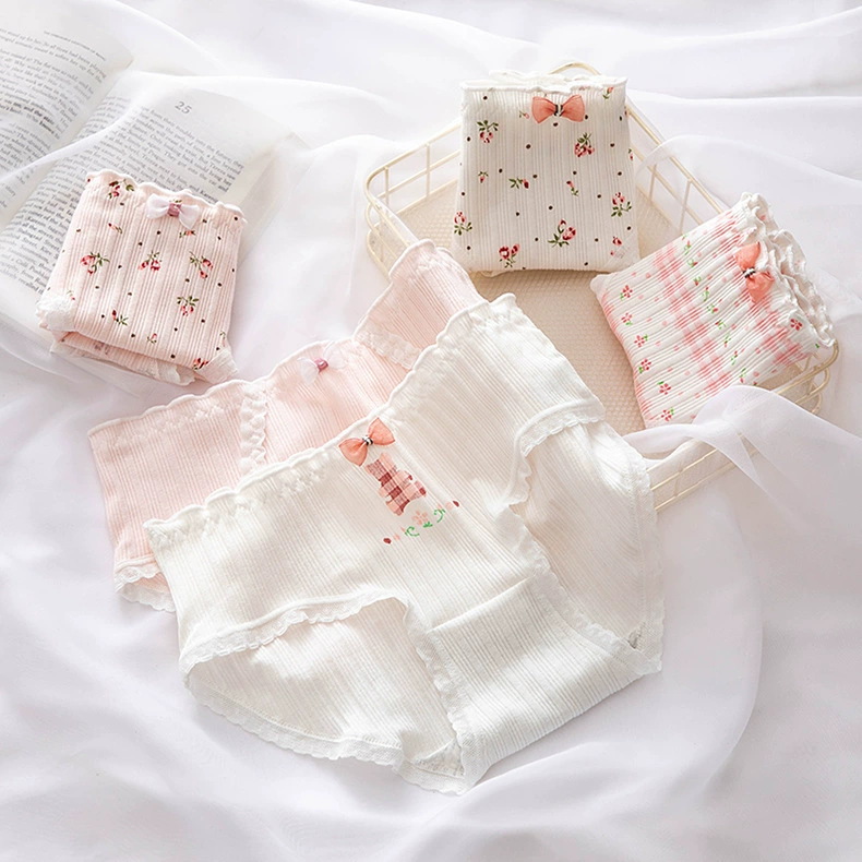 Cotton mid‑rise panties, retro floral print, cute fresh style, sizes M–XL