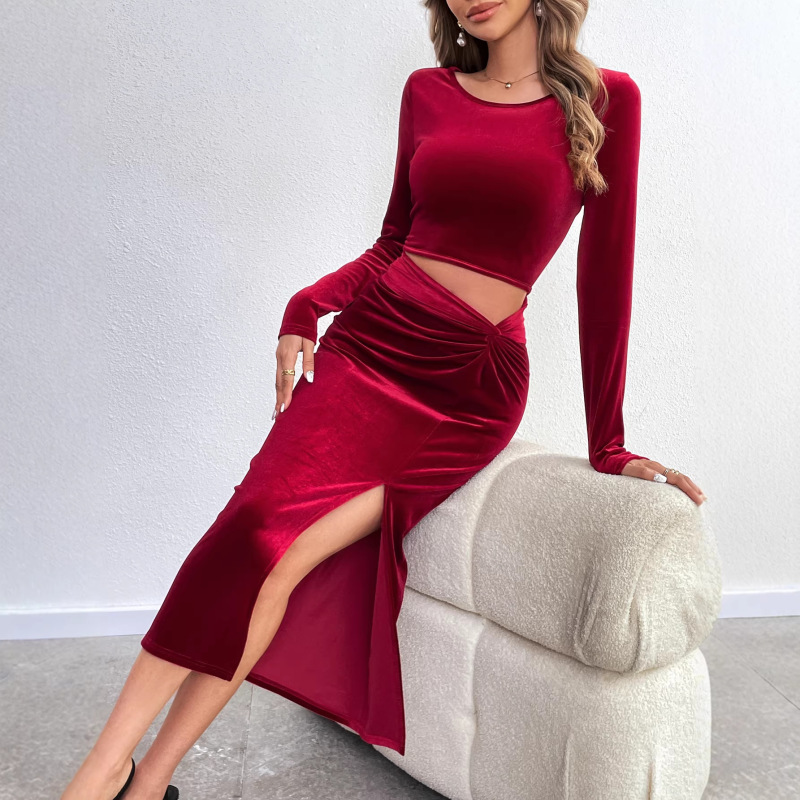 Amazon Cross-Border Slim Waist-Revealing Design Slit Hip-Covering Long Skirt Pleated Sexy Party Velvet Dress for Women
