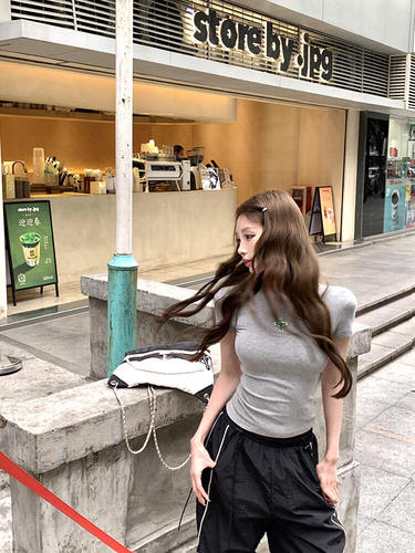 260g Cotton Modal T-shirt with Back Cut-Out, Women's Fitted Slimming Short-Sleeve Top, Grey, American Style