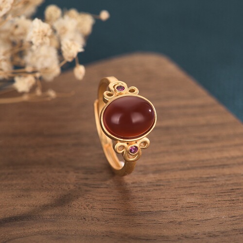 New creative design ancient gold inlaid red agate ring temperament versatile ladies open ring wholesale