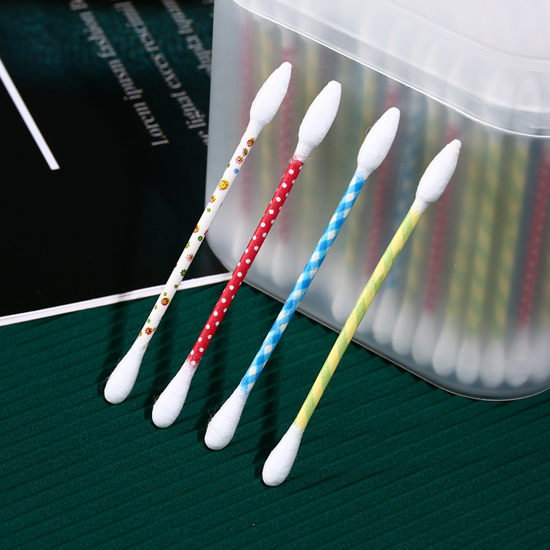 新款盒装200支磨砂尖头彩色杆棉签棒双头美容卸妆棉棒圆头螺旋头