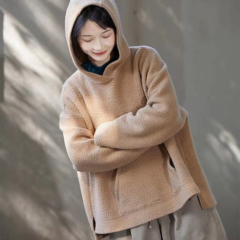 春秋款西梅紫摇粒绒时尚百搭女士加厚连帽卫衣宽松版