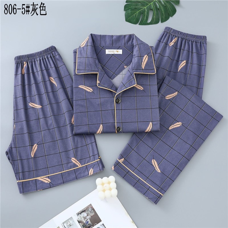 Pijamas de algodón para hombres de verano tres piezas de manga corta pantalones cortos de primavera y verano delgados ropa de casa