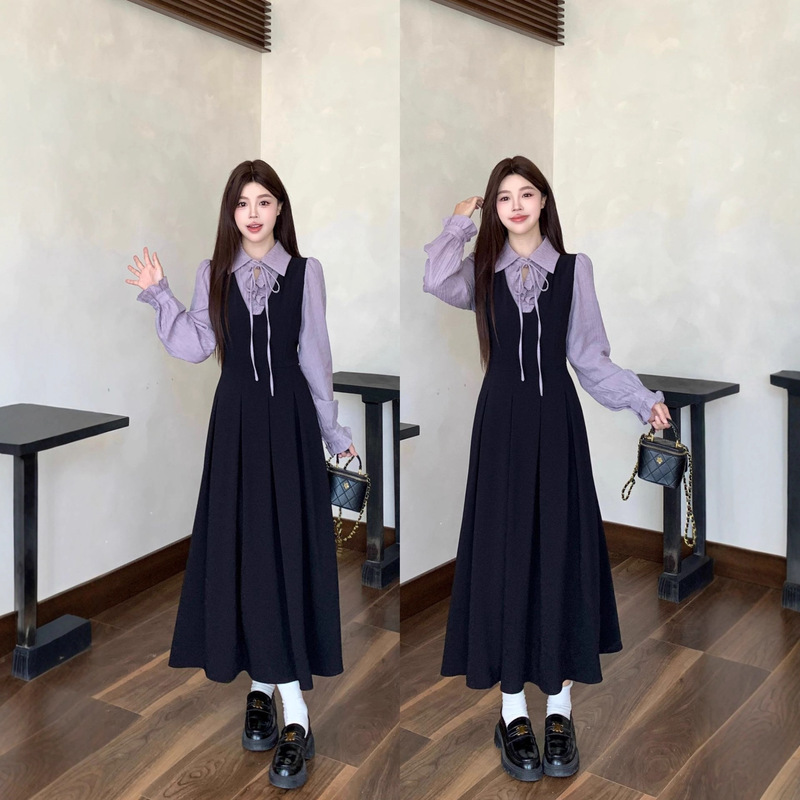 2025 New Autumn and Winter French Black Polo Collar Dress for Women Fake Two-Piece Long-Sleeved Skirt