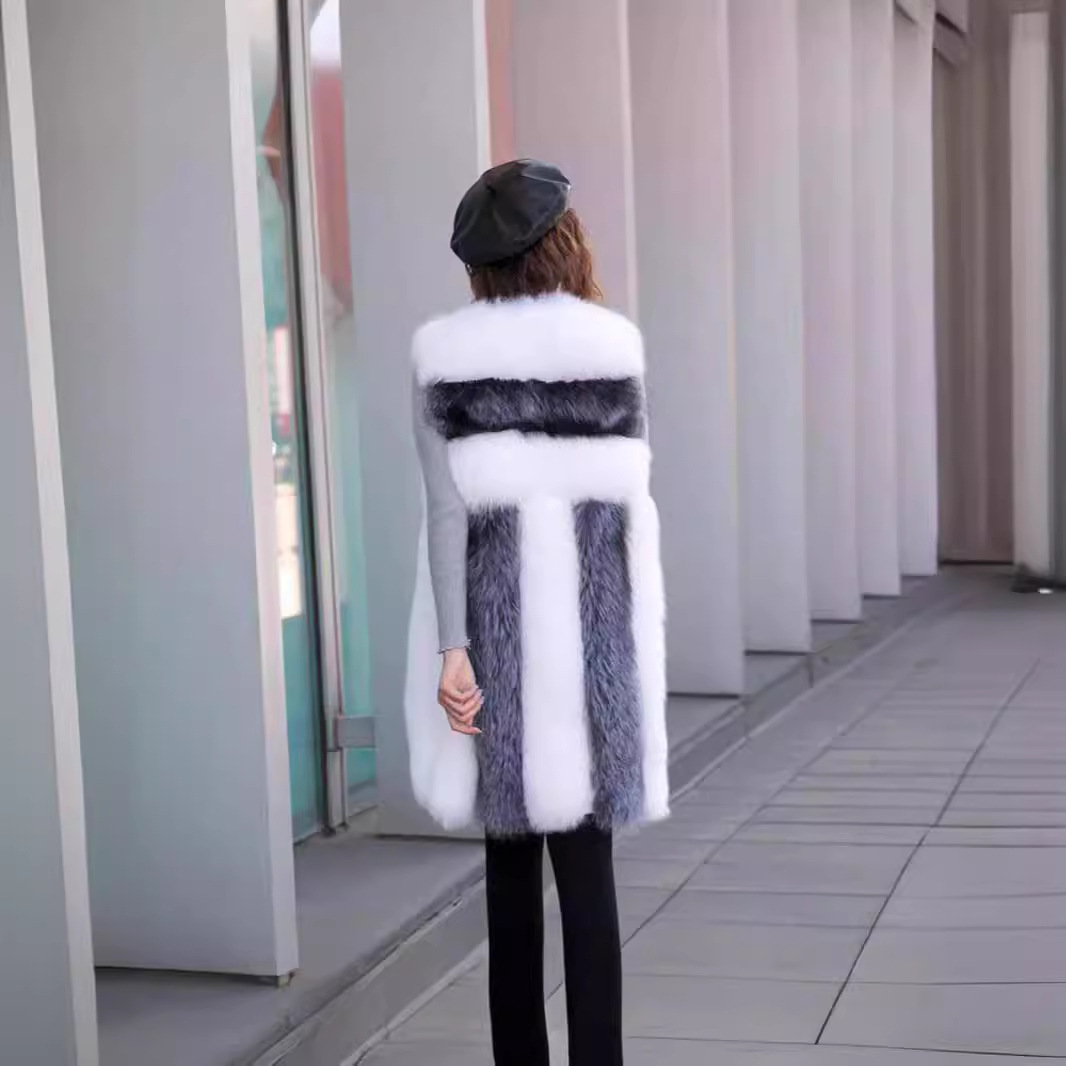 Damenbekleidung hohe Fuchspelzweste Damen mittellange Wintermode warme Pelzweste_voghion.com