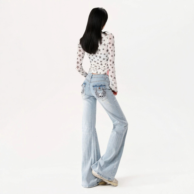 European and American cross-border washed pocket embroidered slim-fit flared jeans, trendy and stylish high-waisted elastic casual flared pants European and American cross-border washed pocket embroidered slim-fit flared jeans, trendy and stylish high-waisted elastic casual flared pants