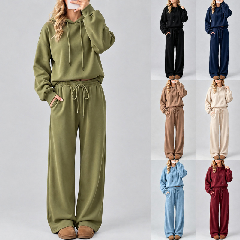 2026 European and American cross-border long-sleeved drawstring hooded top, loose wide-leg elastic waist long pants, solid color casual women's set 2026 European and American cross-border long-sleeved drawstring hooded top, loose wide-leg elastic waist long pants, solid color casual women's set