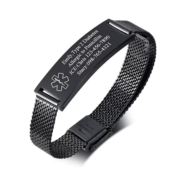 Medical Identification Bracelet Stainless Steel Curved Tag Laser Engraved Adjustable Magnetic Bracelet Black Steel Tag Engraved Bracelet