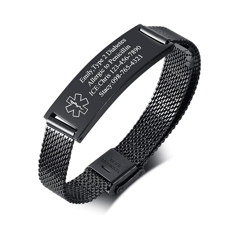 Medical Identification Bracelet Stainless Steel Curved Tag Laser Engraved Adjustable Magnetic Bracelet Black Steel Tag Engraved Bracelet Medical Identification Bracelet Stainless Steel Curved Tag Laser Engraved Adjustable Magnetic Bracelet Black Steel Tag Engraved Bracelet