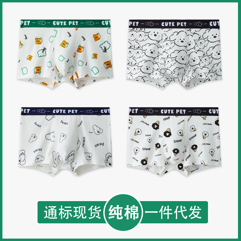 Men's Underwear Pure Cotton Cartoon Cute Print Personalized Trendy Four-Corner Youth Breathable Mid-Waist Large Size Boxer Briefs