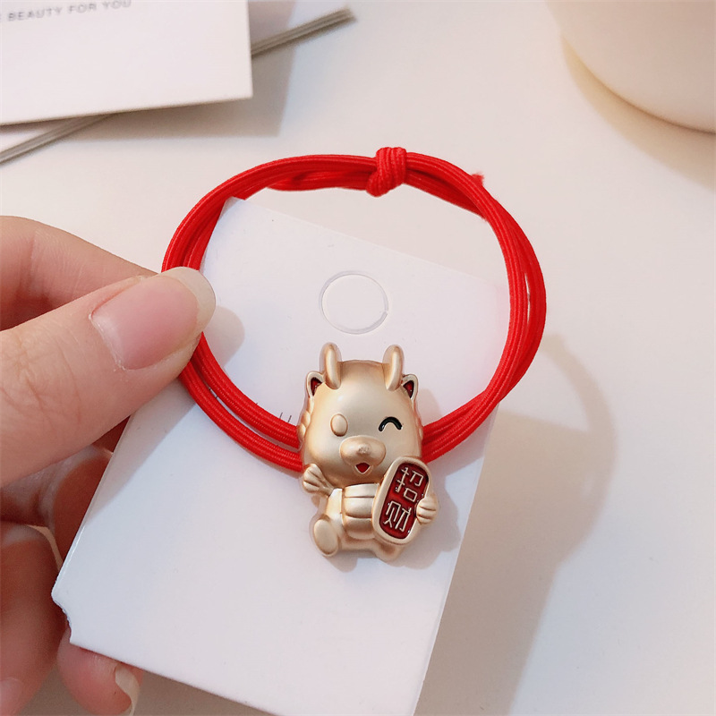 Año del Dragón Zodiaco de alta sensación metal rojo Año Nuevo anillo de cabello de alta altura cuerda elástica cuerda de cabello festiva adornos para el cabello