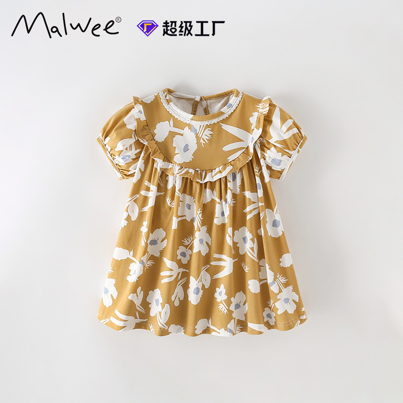 Vestido de princesa de niña malwee transfronterizo nuevo estilo de verano cuello redondo manga corta vestido de niña de estilo occidental europeo y americano para niños pequeños y medianos