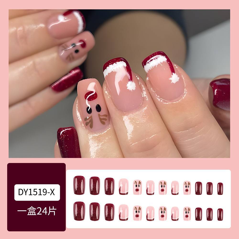 Navidad transfronteriza temática uñas falsas vino rojo cálido ambiente de vacaciones manicure encantador estilo dulce para usar uñas