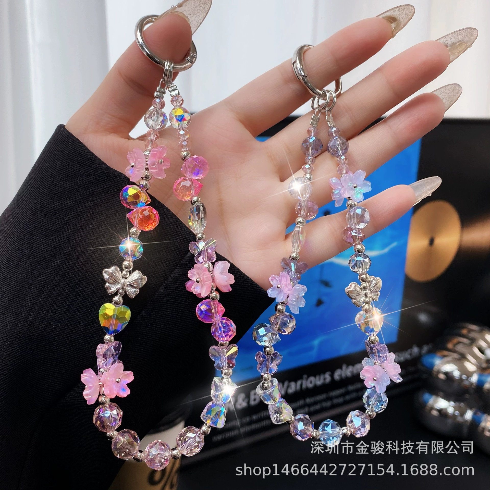 Three dimensional mobile phone, phone case, chain, crystal bracelet, flowered