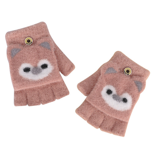  New Student Gloves Winter Warm Thicken Unisex Kids Knit Cute Flip Cover Two-in-One Half Finger Gloves