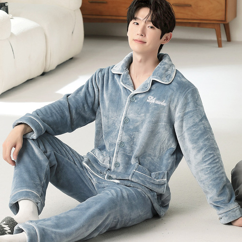 Sky blue and white striped top + pants two-piece men's fleece pajama set