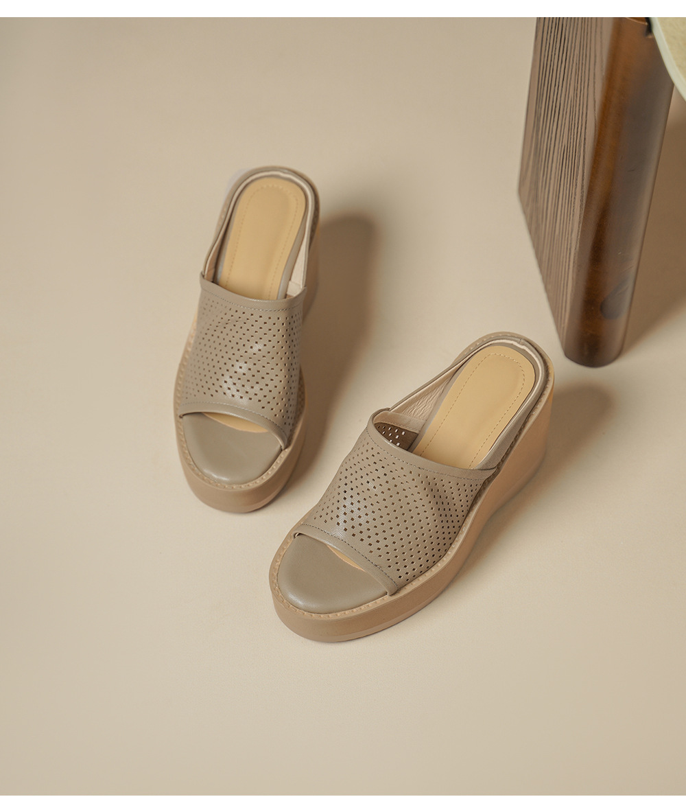 Dép sandal cao gót nữ da cừu đế xuồng mũi hở quai ngang — màu trắng ngà chi tiết 15