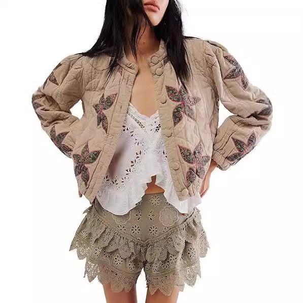 Amazon 2025 transfronterizo Europa y los Estados Unidos otoño y invierno de algodón de alta calidad lavado de algodón de hoja de arce bordado chaqueta de mujer ropa de algodón