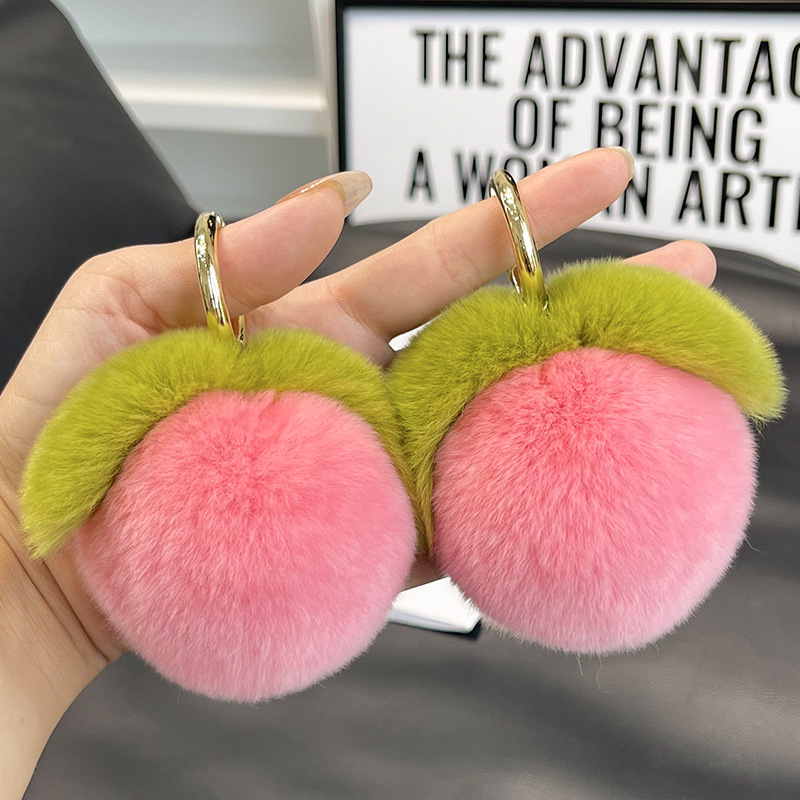 Cute Rex rabbit fur peach car keychain pendant ins plush ball peach schoolbag bag ornaments gift