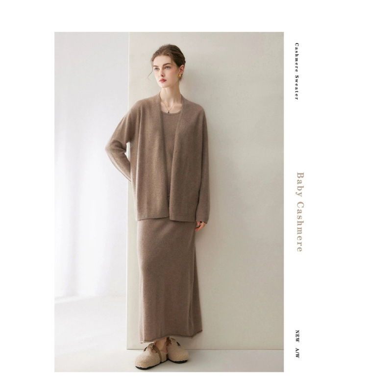 Casual and Luxurious 100% Cashmere Cardigan, Loose Knit Vest, Skirt, New Autumn-Winter Elegant Three-Piece Set