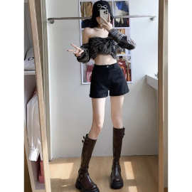 黑色卷边牛仔短裤女2026夏季新款修身弹力宽松高腰阔腿A字热裤子