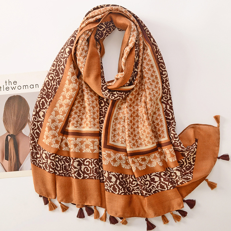 Nuevo comercio exterior retro algodón y lino sensación bufanda totem marco borde hojas larga borla bufanda otoño e invierno cálido chal