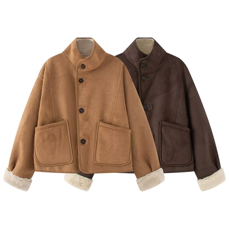 ZA wholesale European and American style women's fashion versatile stand collar fleece reversible jacket 6318254 ZA wholesale European and American style women's fashion versatile stand collar fleece reversible jacket 6318254