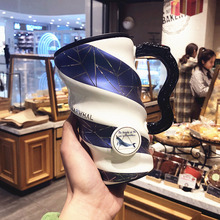 创意蓝色系大容量马克杯陶瓷咖啡杯子带盖勺韩版女学生家用喝林达