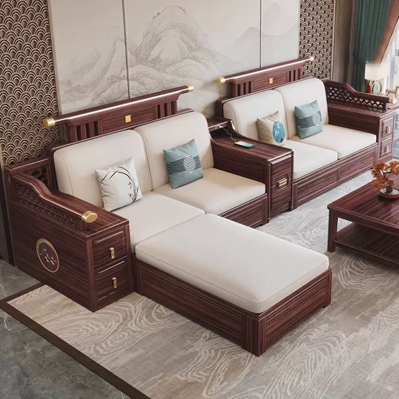 新中式乌金实木沙发组合冬夏两用现代轻奢小户型储物客厅贵妃家具