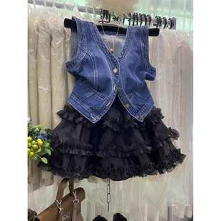 芭蕾風百搭蛋糕裙蓬蓬半身裙女減齡復古牛仔馬甲夏季搭配一整套