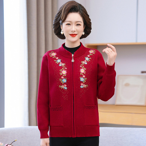 Winter and Autumn Outwear for Middle-Aged and Elderly Women, Cashmere Sweater Set with Additional Thickenings, Knitted Cardigan for Grandmother and Mother, Warm Clothing for Elderly Women