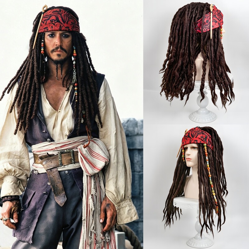 Pirate of the Caribbean Captain Jack Sparrow Wig, Long Dreadlocks, Red Headscarf, Hair Accessory, Comic Con Cosplay Prop Pirate of the Caribbean Captain Jack Sparrow Wig, Long Dreadlocks, Red Headscarf, Hair Accessory, Comic Con Cosplay Prop