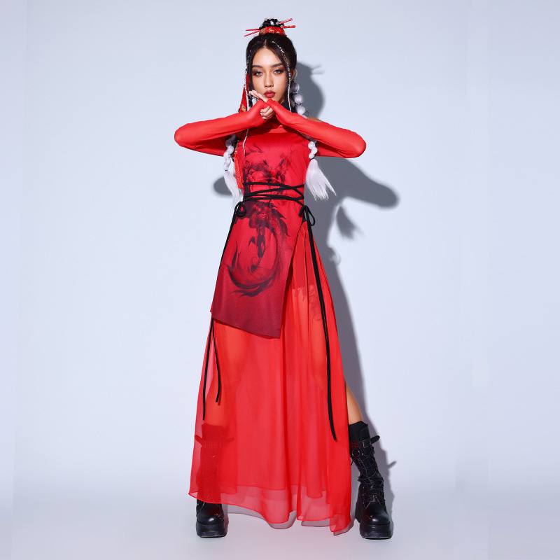 Jazz Dance Women's Costume Korean Dance Chinese Style Red Dance Costume Festival Performance Costume Stage Costume
