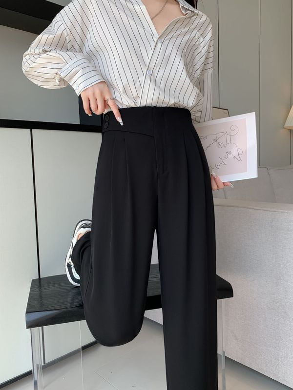 黒のスーツパンツ レディース 春秋 2025年新作 ストレート カジュアル 着痩せ効果 多用途 ドレープ感 スラックス ゆったり ワイドパンツ|undefined