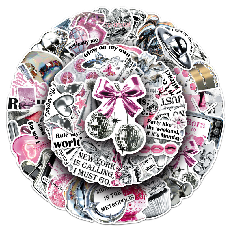 50 Y2K Silver Pink Stickers, Sweet and Cool Girly Style, Ins Style, Korean Style, Milk Tea Cup, Earphone, Guka, Journal Stickers