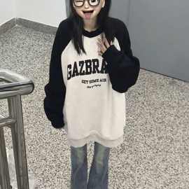 重磅美式复古加绒加厚无帽插肩卫衣女秋冬季爆款高级感上衣女潮牌