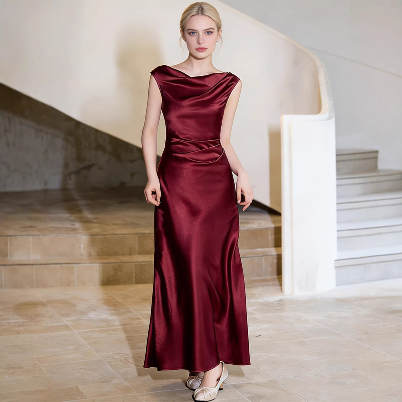 High-End French-Style Draped Collar Acetate Satin Seaside Resort Wedding Evening Gown Dress for Women