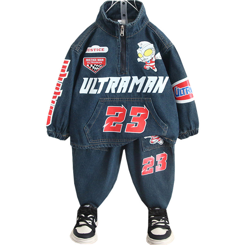 6142 Ultraman traje de mezclilla para niños modelos de primavera y otoño ropa de otoño de estilo occidental para niños 2024 nuevo abrigo fresco para bebés