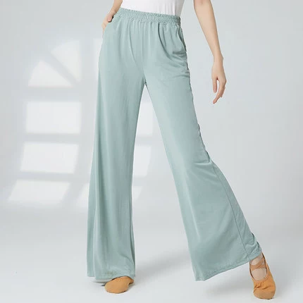 Широкие брюки для современного танца для женщин, прямой свободный крой, новая модель весна-лето, расклешенный низ, для классического танца, с карманами.