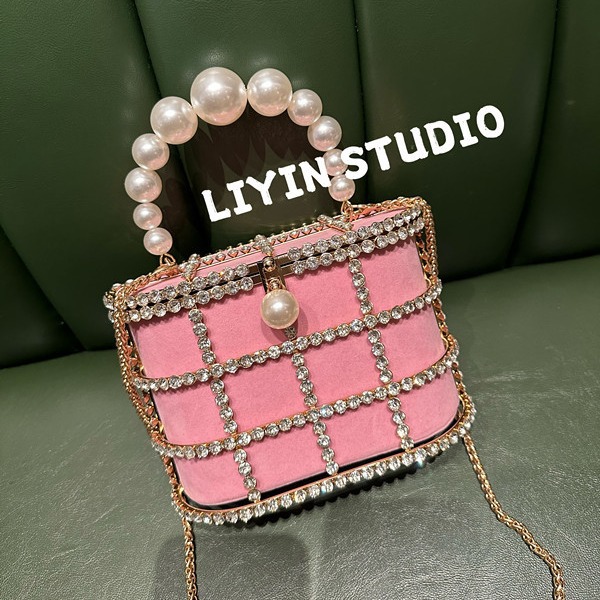 法式小众设计金属菜篮子镶钻石晚宴包镂空珍珠手提高级感气质女包