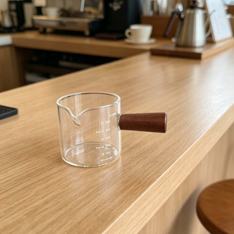 High borosilicate glass espresso cup with scale, wooden handle, milk jug, measuring cup, hand-brewed coffee milk jug
