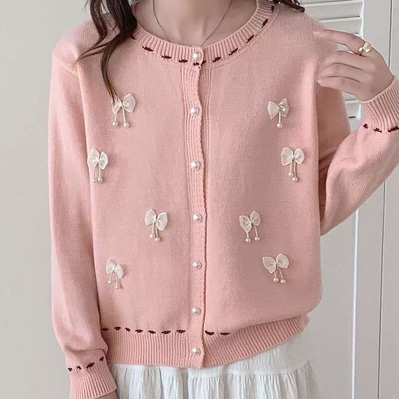 Korean New Cross-Border Autumn and Winter Round Neck Red Loose Versatile Slim Sweater Mushroom Embroidered Knitted Cardigan Women's Clothing