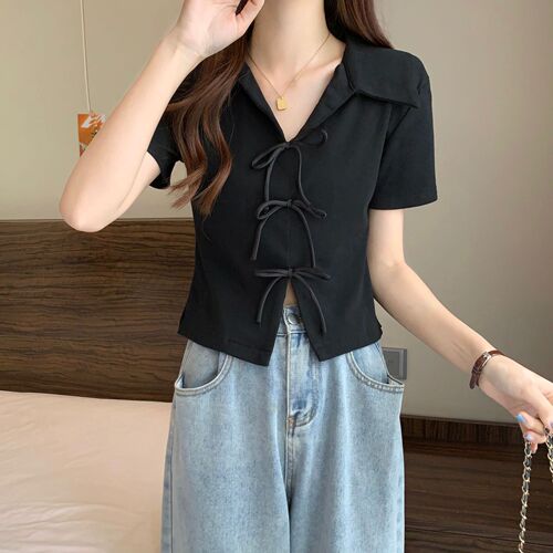 Women's Summer T-shirt with Polo Collar, Loose and Slimming for Plus Size, Short-sleeved Top with Irregular Bow Ties