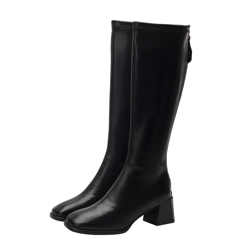 2024 Brown Long Boots Women's Thick Heels Square Head Slim and Tall Tube Thick Legs Knight Boots Elastic Long Tube Spring and Autumn Style_voghion.com