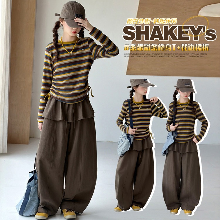 Girls' Autumn Outfit 2026: Children's Stylish Striped Top and Fashionable Casual Leather Pants Two-Piece Set