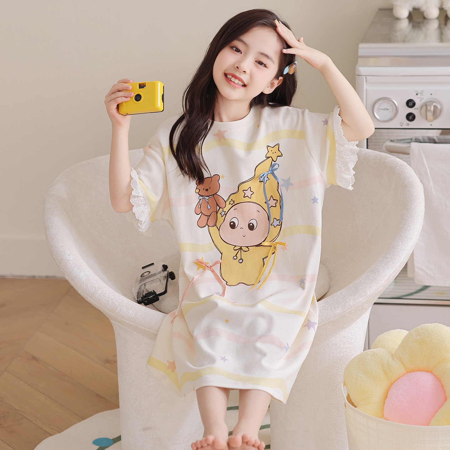Pijama de niñas de verano algodón de mangas cortas pijama delgada pijama de niños princesa adolescente ropa para el hogar de niños