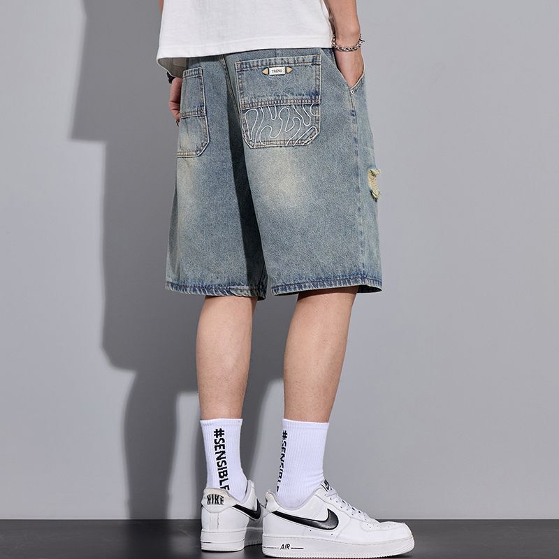 2026 Summer New Trendy Ripped Denim Shorts Men's Casual Versatile Loose Mid-Length Pants Men's Trousers