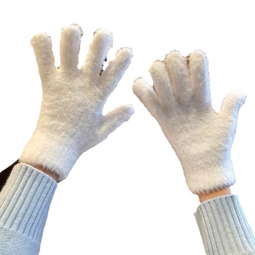 Knitted woolen fur faux rabbit fur gloves for women, winter student Insta cute lined warm cycling five-finger gloves