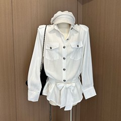 韩女时分 莱赛尔亚麻腰带长袖白衬衫上衣