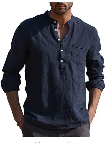 Herren Casual Hemd Mit V-ausschnitt Aus Baumwolle Und Leinen_voghion.com